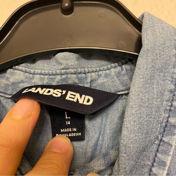 Lands End denim chambray blue button up tiered long sleeve dress uniform L 14 - Picture 3 of 8